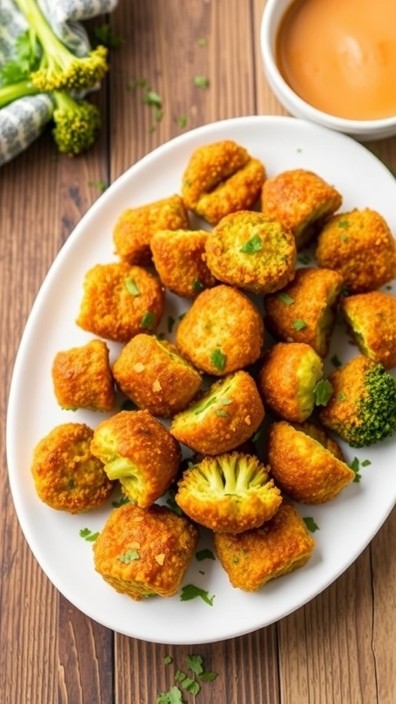 Crispy air fryer broccoli bites on a plate, garnished with herbs, with a bowl of dipping sauce.